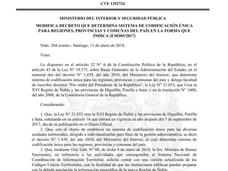 Subsecretaría de Desarrollo Regional y Administrativo (SUBDERE) da acceso a planilla con los Códigos Únicos Territoriales (Ministerio de Bienes Nacionales – 14/03/2018)